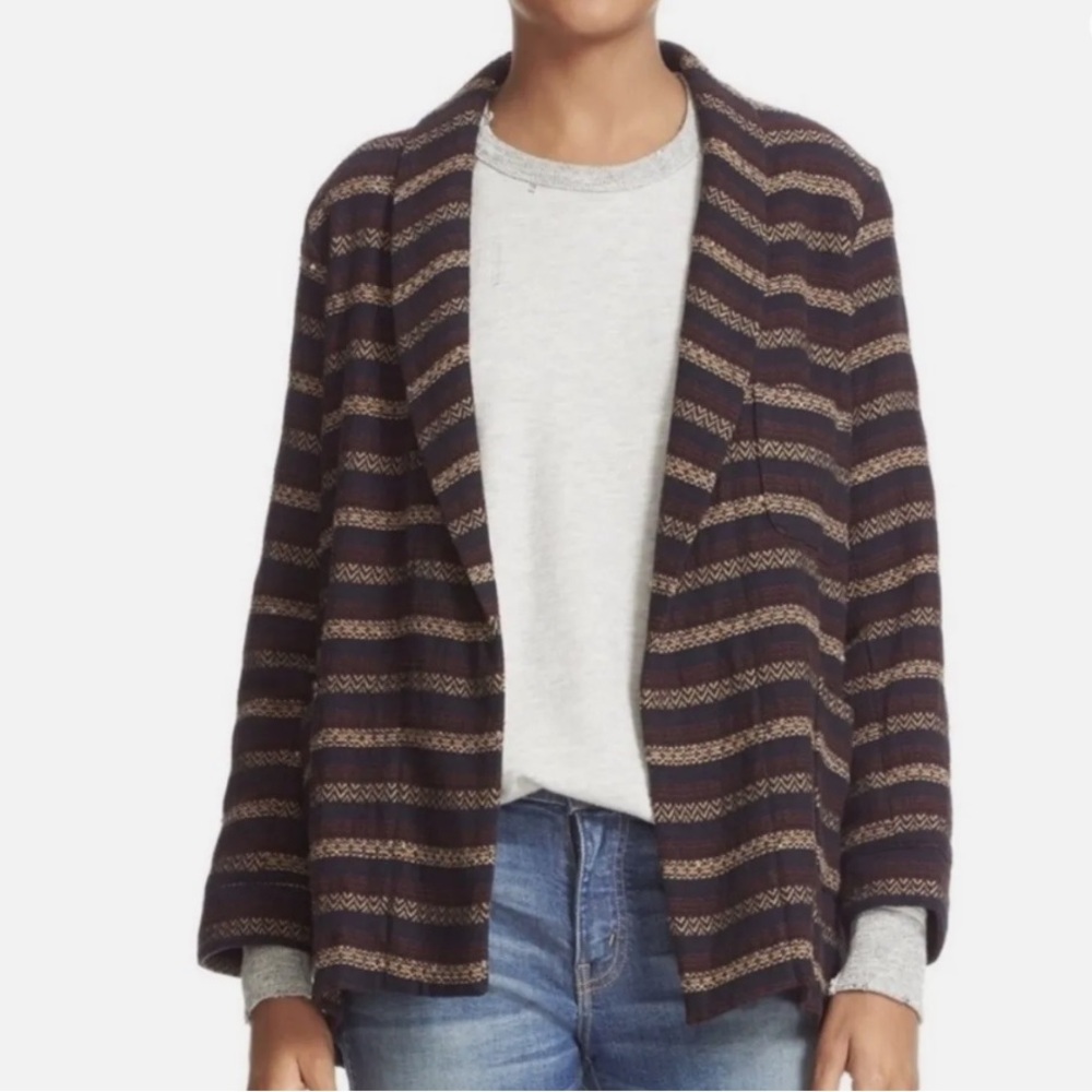 THE GREAT. Striped Open Front Blazer in Navy and Tan
